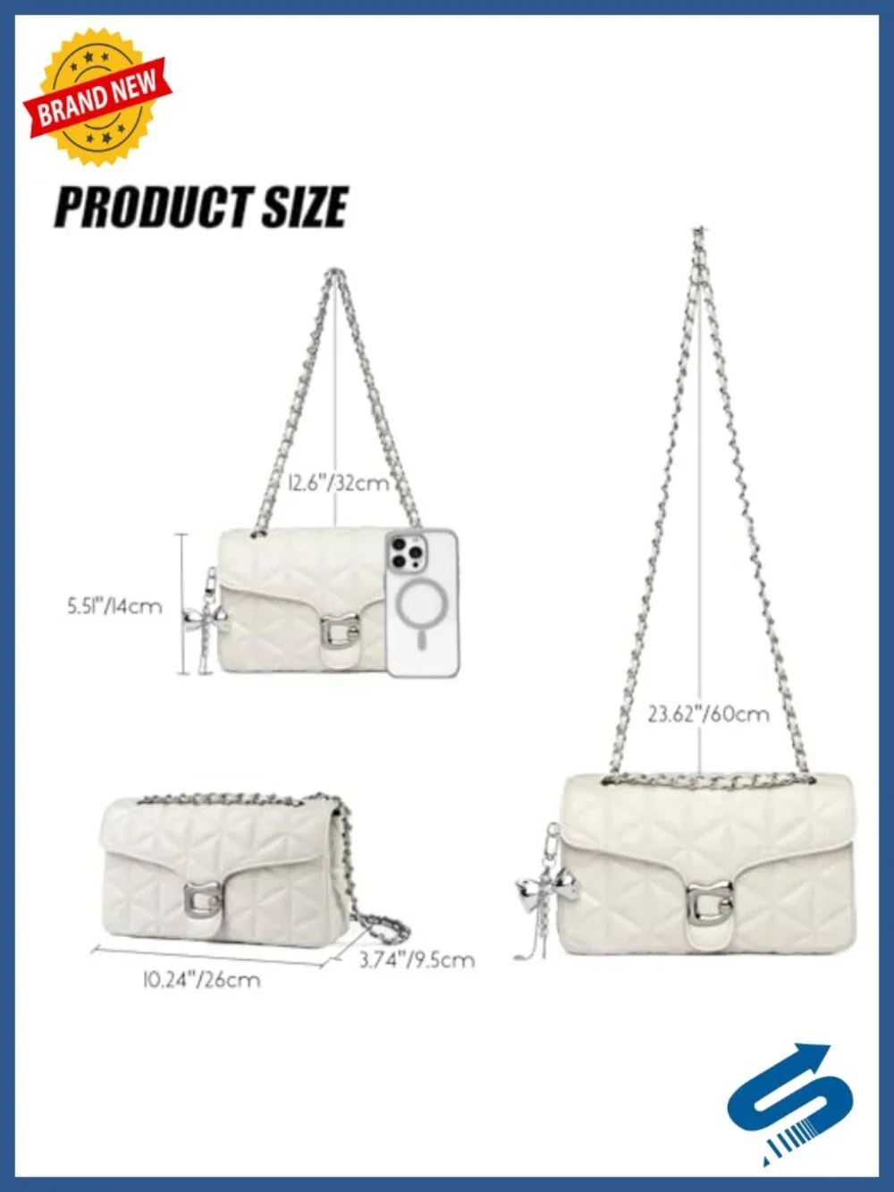 Quilted Vegan Leather Crossbody Bag with Chain Strap and Pendant